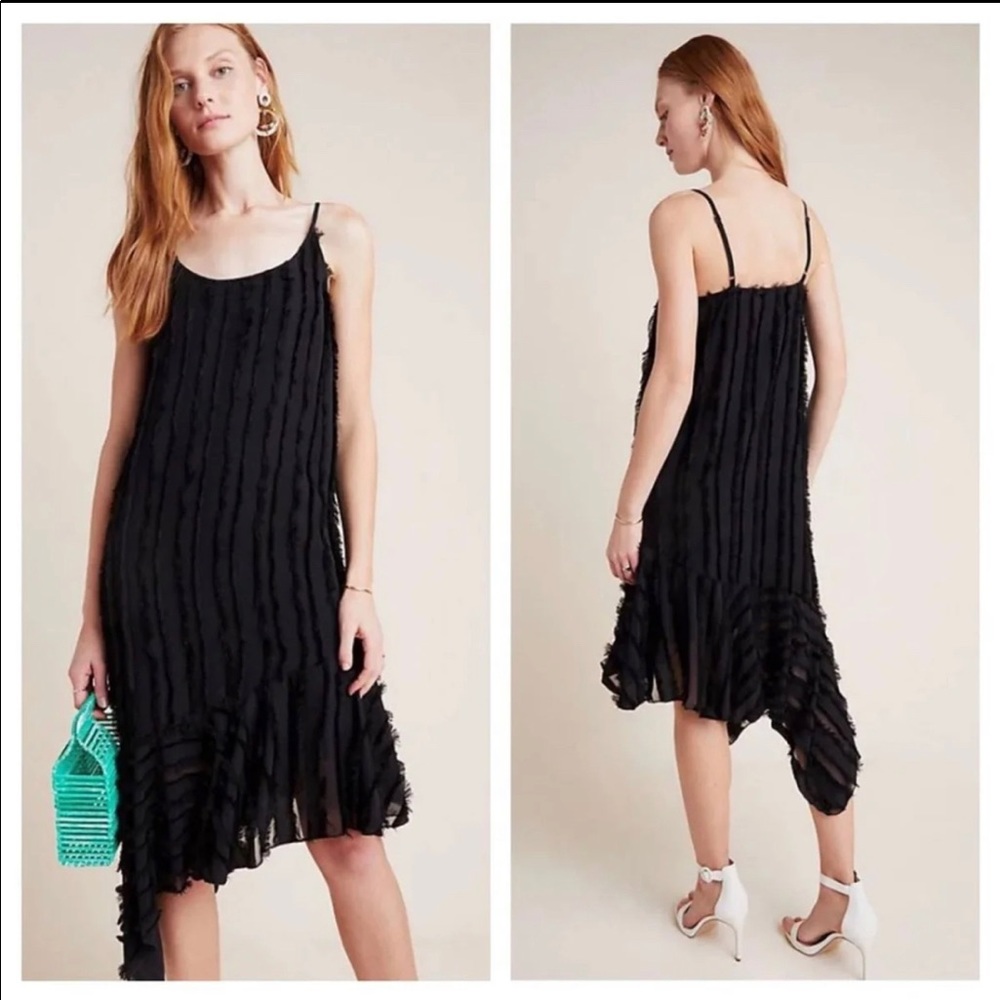 Anthro Eri +Ali Black Fringed Asymmetrical Slip Midi Dress XSP
